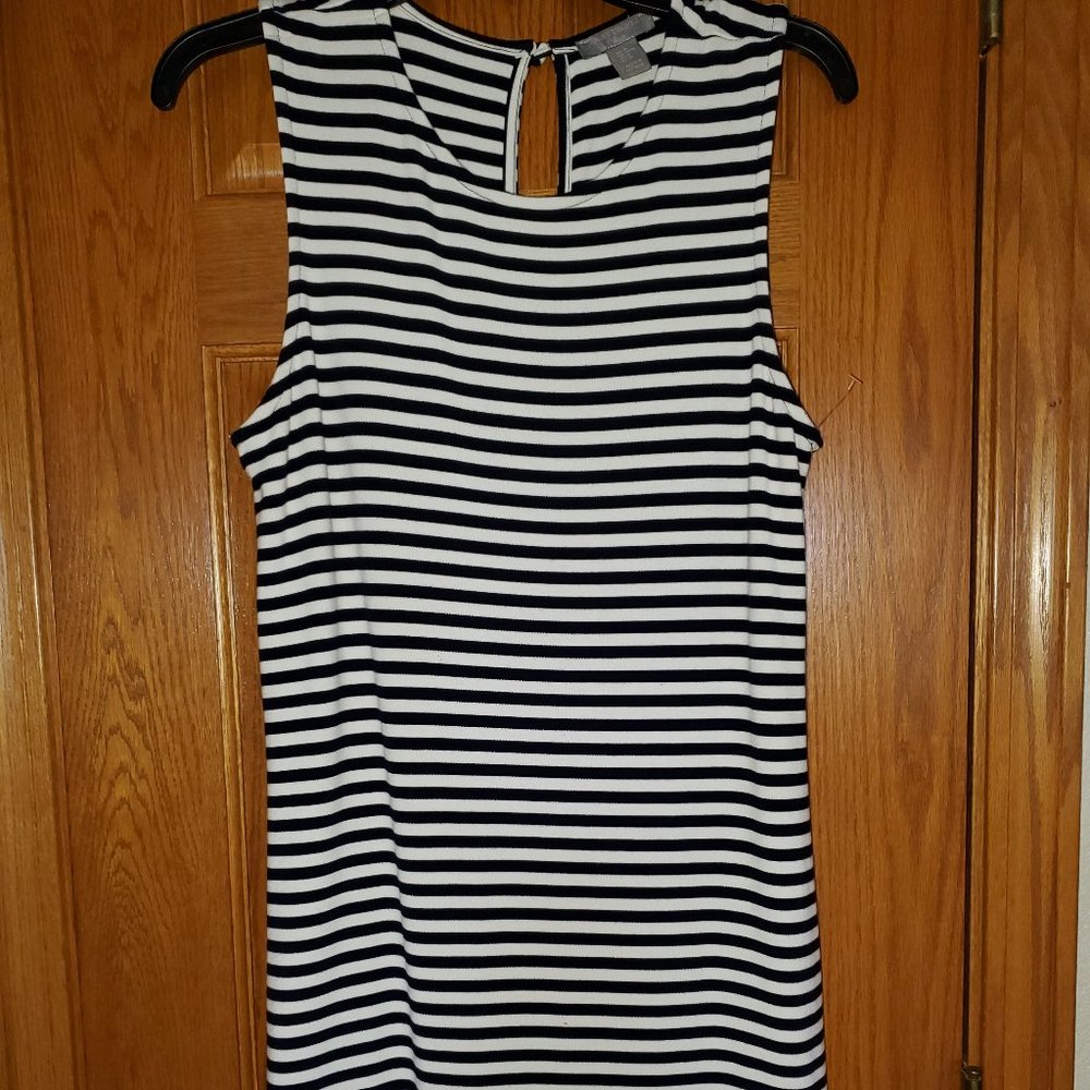 St Tropez West - column, straight navy and white striped dress, Size Medium
